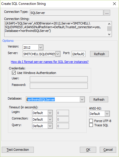 Configuring SQL Server connection string. This is image shows a configuration for connecting to a SQL Server Express instance. The Northwind database in this SQL Server instance is named "northwindSQLServer".